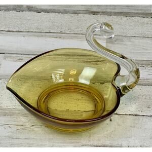 MCM New Martinsville Glass Swan Bowl Amber & Clear Heart Nut Vintage Heart Shape